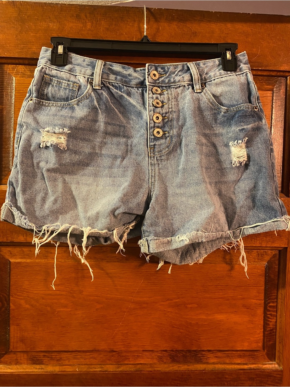 MISSLOOK Light Blue Distressed Button-Front Denim Shorts